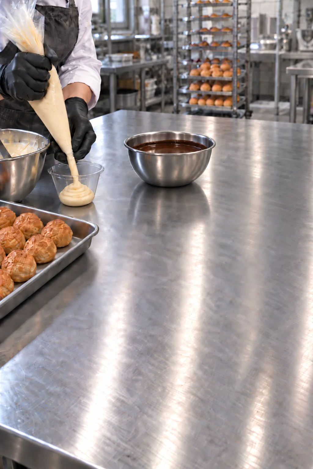 Trois pâtissiers garnissent des choux de crème, les nappent de ganache au chocolat et les parsèment d'éclats croquants, sur un plan de travail en inox couvert de plateaux de choux et de bacs d'éclats de spéculoos et de noisettes
