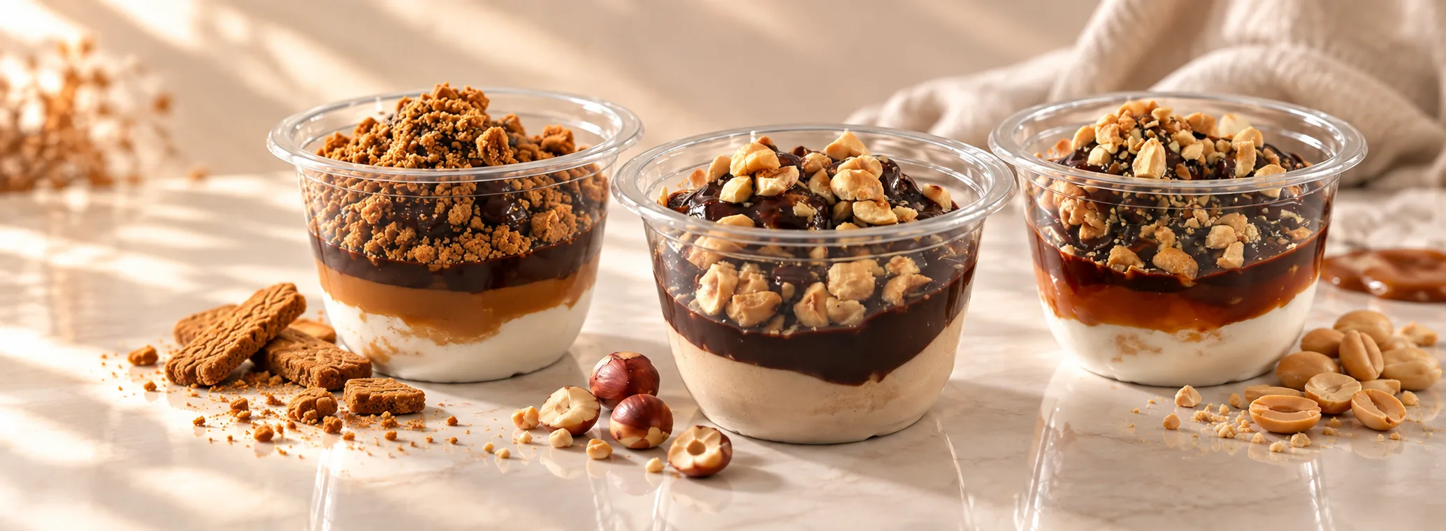 Plusieurs pots de profiterole sur un plan de travail en marbre baigné de lumière douce, garnis de couches de caramel et de ganache au chocolat, parsemés de spéculoos, noisettes et cacahuètes émiettées